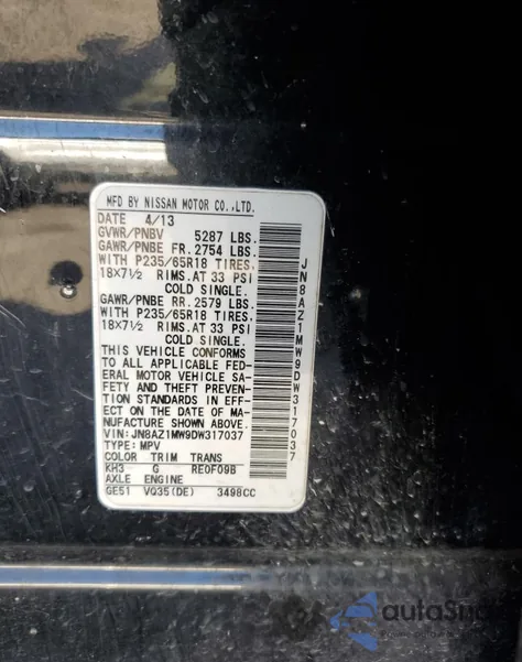 2013 Nissan Murano S z USA, uszkodzony, nr VIN JN8AZ1MW9DW317037